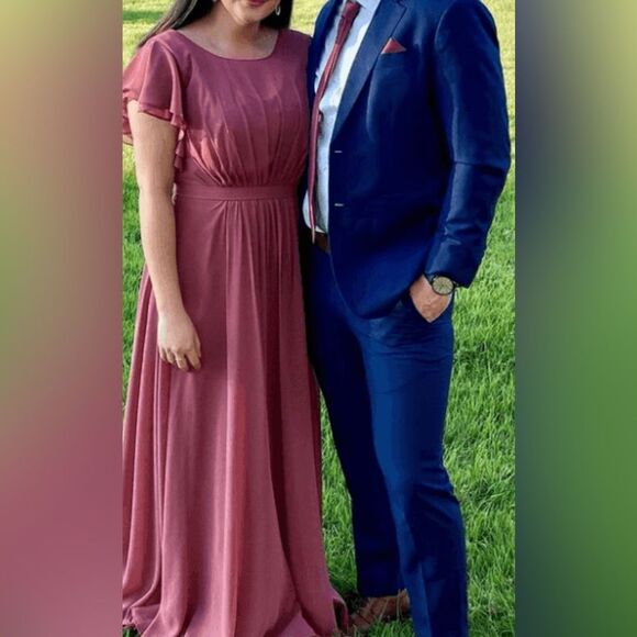 Azazie Blue Dress Maxi Scoop Neck Sheer Flutter Short Sleeve Maxi Dress Wedding - Picture 12 of 17